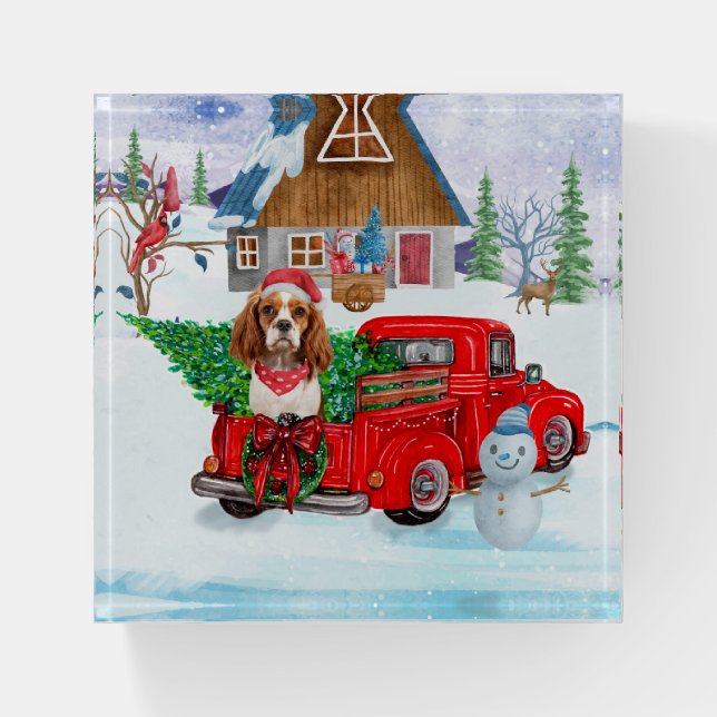 Cavalier King Dog In Christmas Delivery Truck Snow Paperweight (Front)