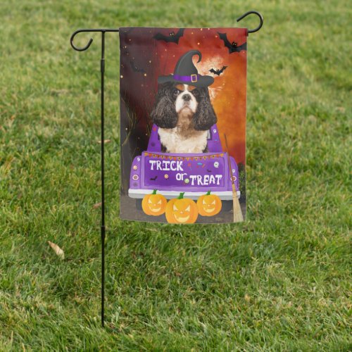 Cavalier King Dog in Halloween Truck Garden Flag