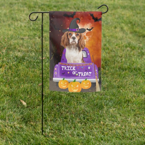 Cavalier King Dog in Halloween Truck Garden Flag