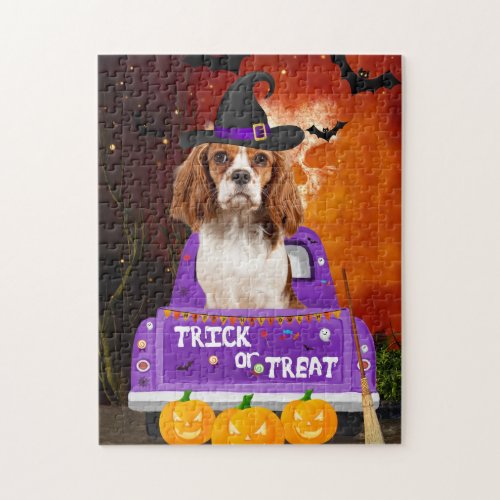 Cavalier King Dog in Halloween Truck Jigsaw Puzzle