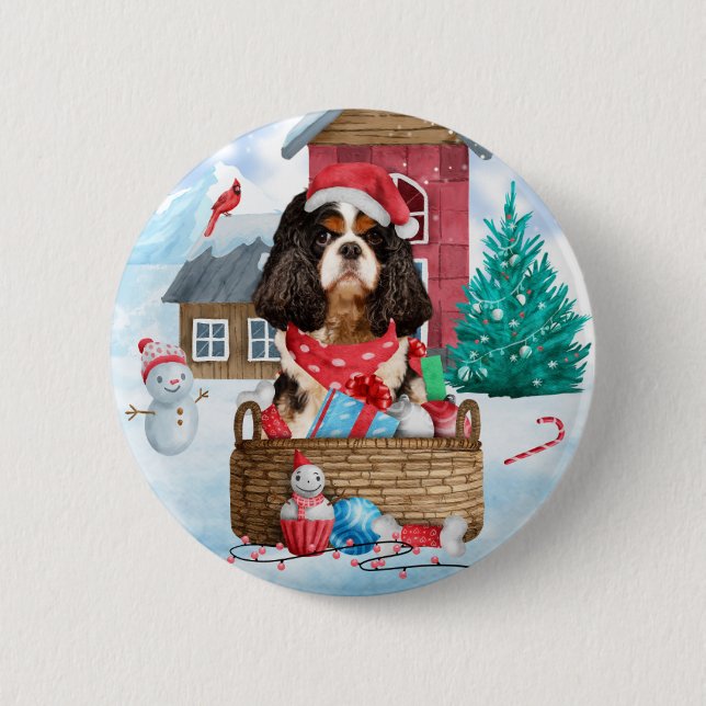 Cavalier King Dog In snow Christmas Dog House Button (Front)