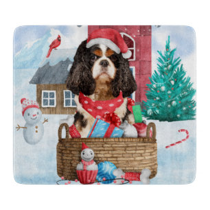 Cavalier King Dog In snow Christmas Dog House Cutting Board