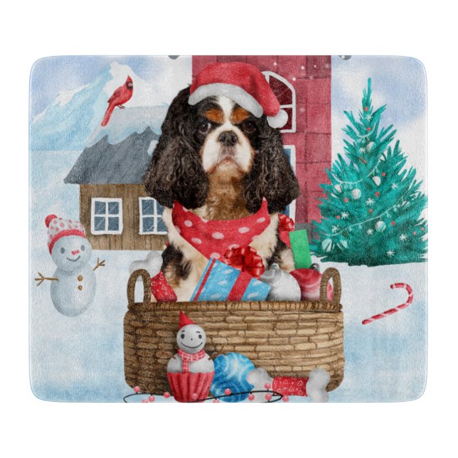 Cavalier King Dog In snow Christmas Dog House Cutting Board (Front)