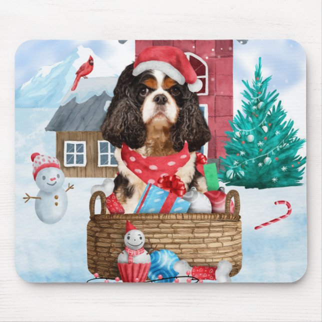 Cavalier King Dog In snow Christmas Dog House Mouse Pad (Front)