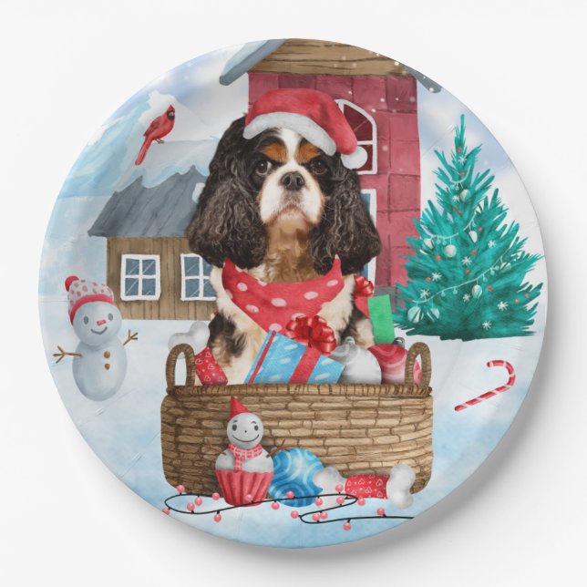 Cavalier King Dog In snow Christmas Dog House Paper Plates (Front)