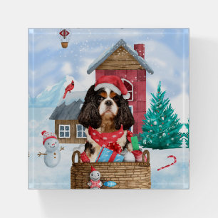 Cavalier King Dog In snow Christmas Dog House Paperweight