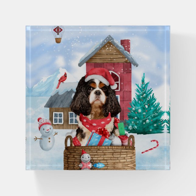 Cavalier King Dog In snow Christmas Dog House Paperweight (Front)