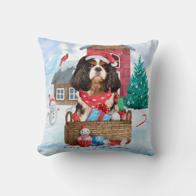 Cavalier King Dog In snow Christmas Dog House Throw Pillow (Front)
