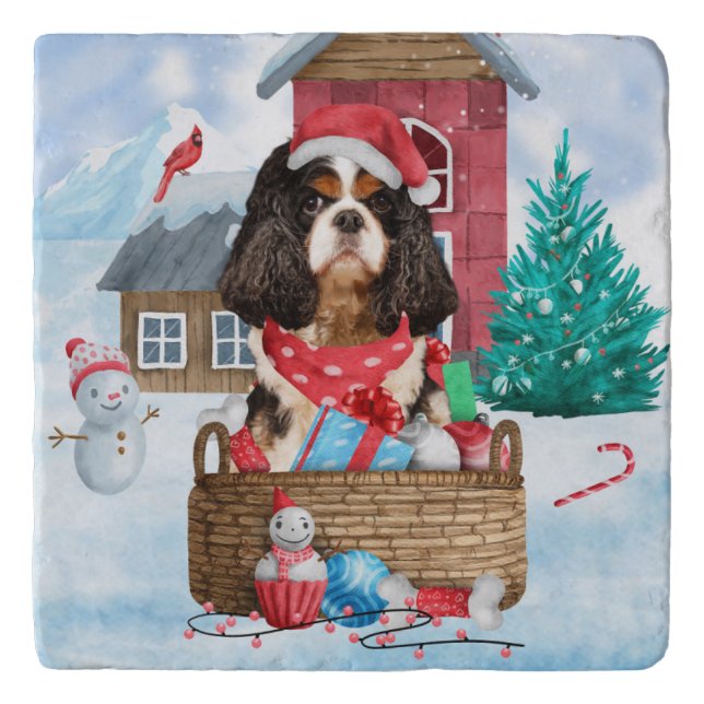 Cavalier King Dog In snow Christmas Dog House Trivet (Front)
