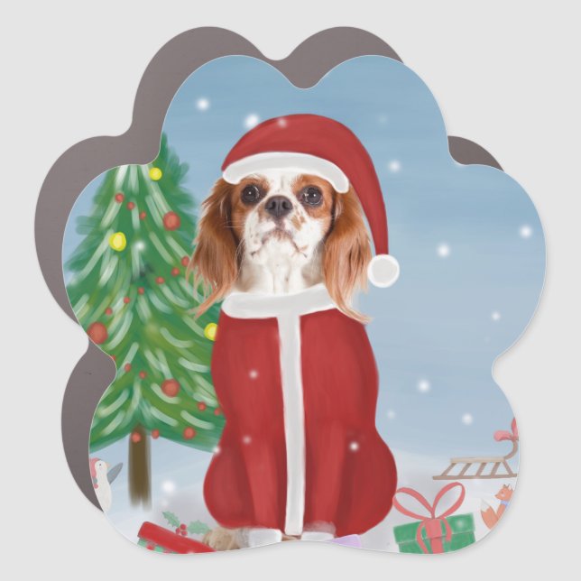 Cavalier King Dog in Snow with Christmas gifts  Car Magnet (Front)