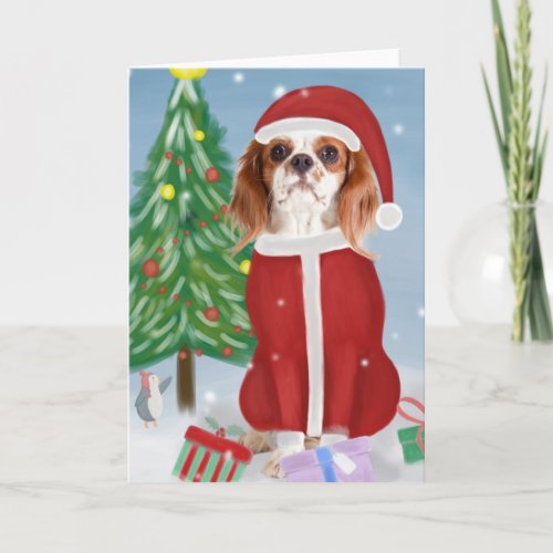 Cavalier King Dog in Snow with Christmas gifts  Card