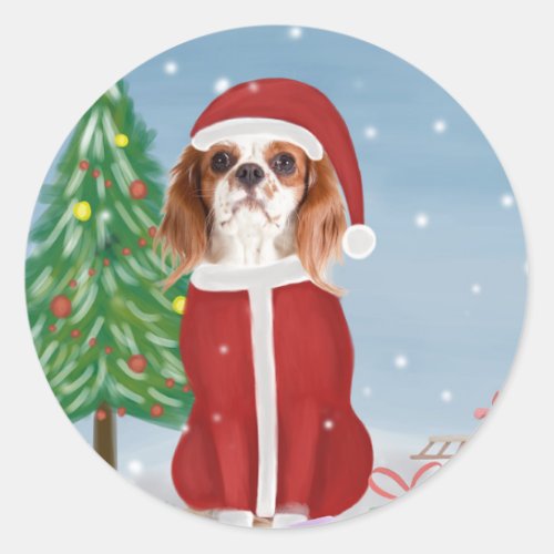 Cavalier King Dog in Snow with Christmas gifts Classic Round Sticker