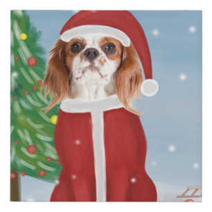 Cavalier King Dog in Snow with Christmas gifts Faux Canvas Print