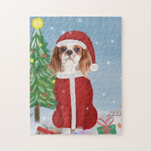 Cavalier King Dog in Snow with Christmas gifts Jigsaw Puzzle