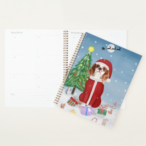 Cavalier King Dog in Snow with Christmas gifts  Planner