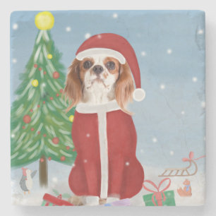 Cavalier King Dog in Snow with Christmas gifts Stone Coaster