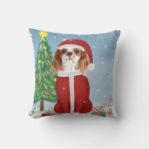 Cavalier King Dog in Snow with Christmas gifts Throw Pillow