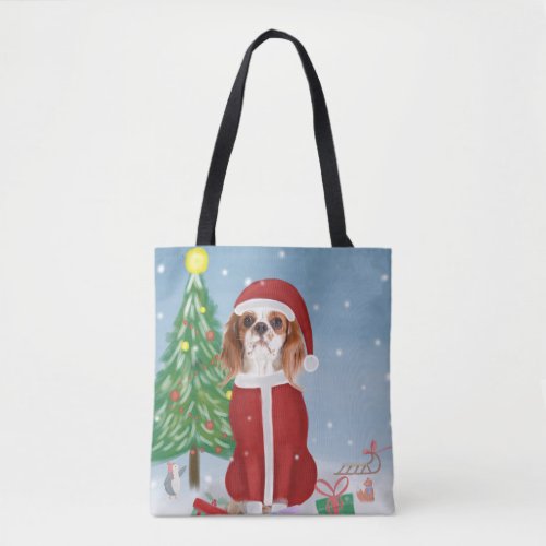 Cavalier King Dog in Snow with Christmas gifts  Tote Bag