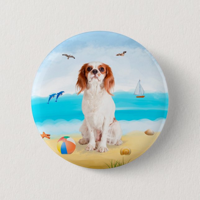 Cavalier King Dog on Beach Button (Front)