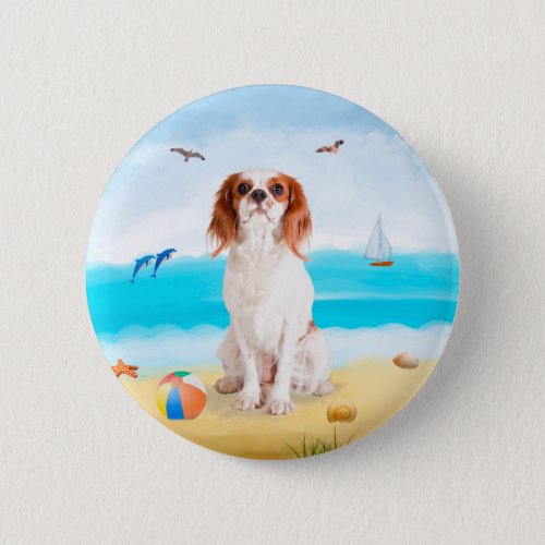Cavalier King Dog on Beach Button