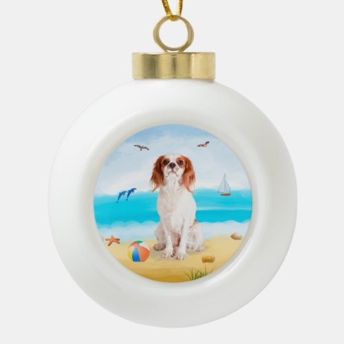 Cavalier King Dog on Beach  Ceramic Ball Christmas Ornament