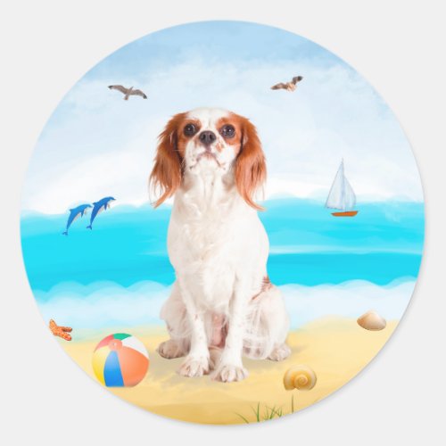 Cavalier King Dog on Beach Classic Round Sticker