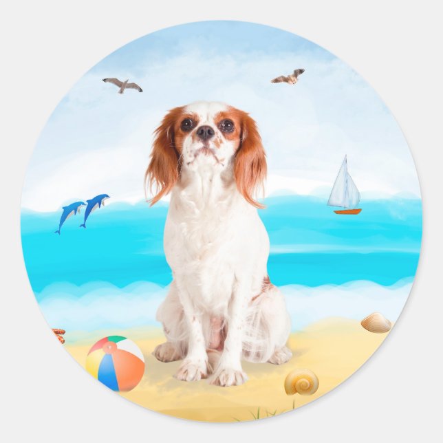 Cavalier King Dog on Beach Classic Round Sticker (Front)