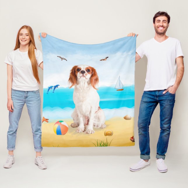 Cavalier King Dog on Beach Fleece Blanket (In Situ)