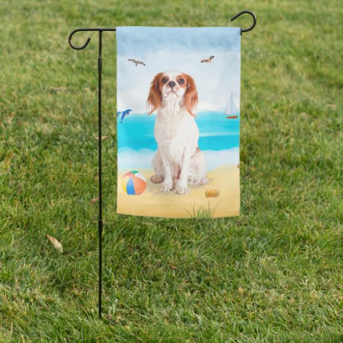 Cavalier King Dog on Beach Garden Flag