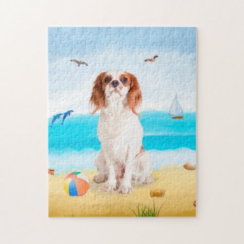 Cavalier King Dog on Beach Jigsaw Puzzle