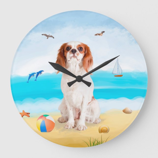 Cavalier King Dog on Beach Large Clock (Front)