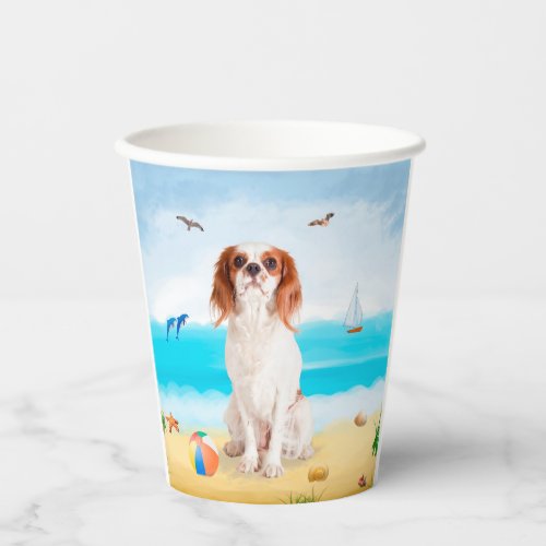 Cavalier King Dog on Beach  Paper Cups