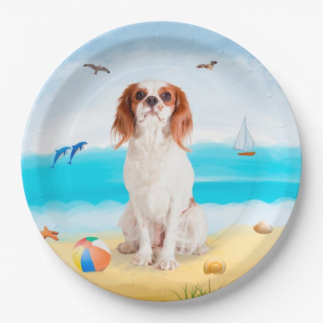 Cavalier King Dog on Beach Paper Plates (Front)