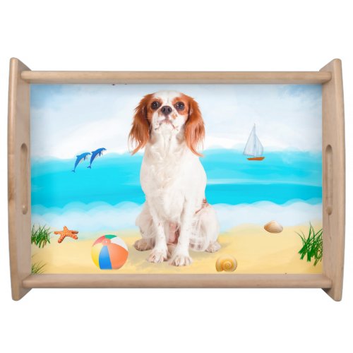Cavalier King Dog on Beach Serving Tray