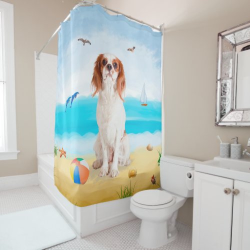 Cavalier King Dog on Beach  Shower Curtain
