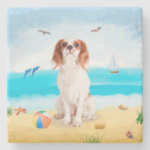 Cavalier King Dog on Beach Stone Coaster