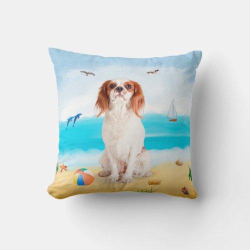  Cavalier King Dog on Beach  Throw Pillow