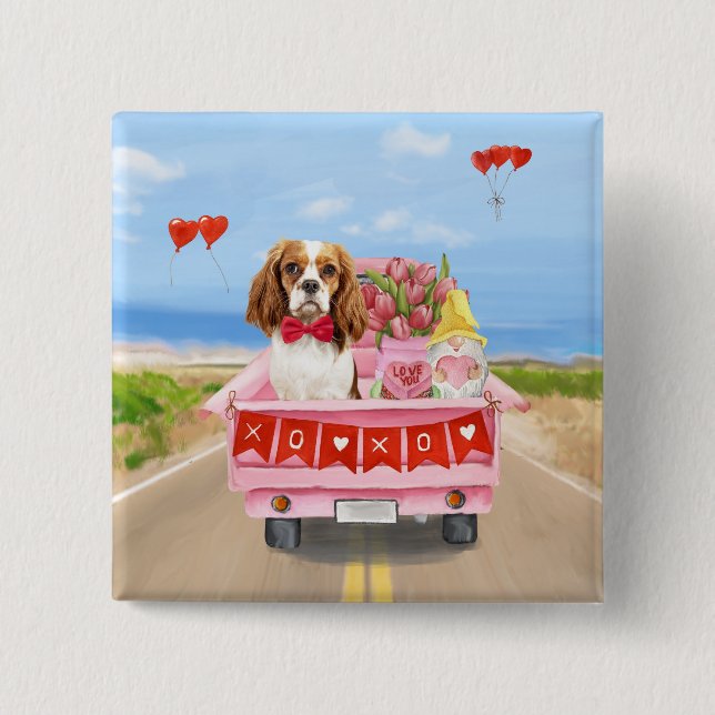 Cavalier King Dog Valentine's Day Truck Hearts Button (Front)