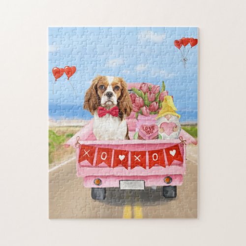 Cavalier King Dog Valentines Day Truck Hearts Jigsaw Puzzle