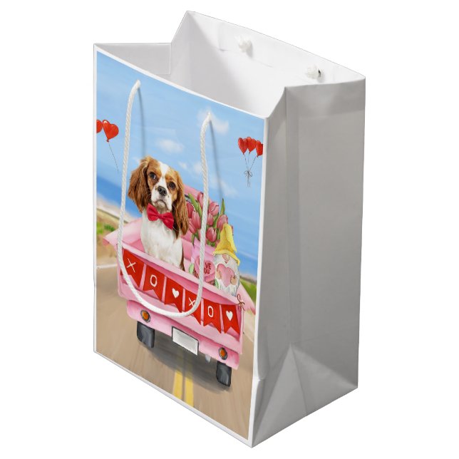 Cavalier King Dog Valentine's Day Truck Hearts Medium Gift Bag (Front Angled)