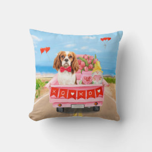 Cavalier King Dog Valentine's Day Truck Hearts Throw Pillow