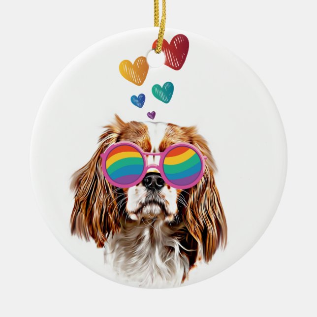 Cavalier King Dog with Hearts Valentine's Day Ceramic Ornament (Front)