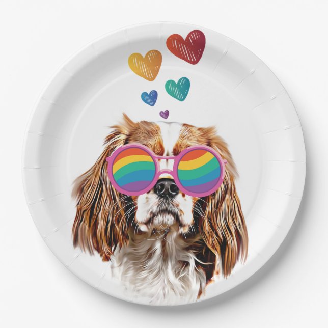 Cavalier King Dog with Hearts Valentine's Day Paper Plates (Front)