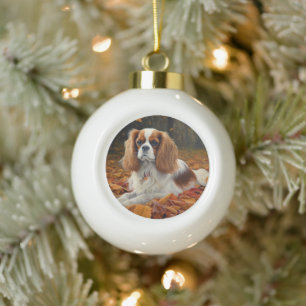 Cavalier King  in Autumn Leaves Fall Inspire  Ceramic Ball Christmas Ornament