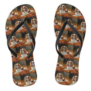 Cavalier King  in Autumn Leaves Fall Inspire  Flip Flops