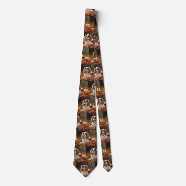 Cavalier King  in Autumn Leaves Fall Inspire  Neck Tie (Front)