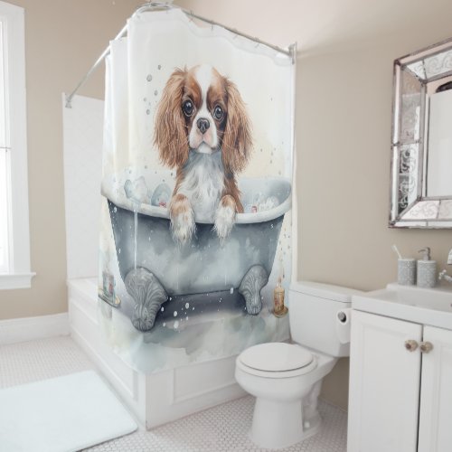 Cavalier King In Bathtub Watercolor Dog Art Shower Curtain