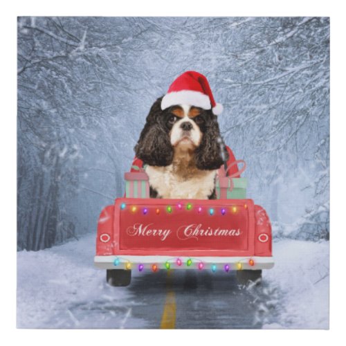 Cavalier King  in Snow sitting in Christmas Truck Faux Canvas Print