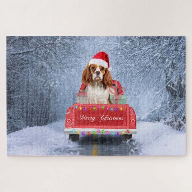Cavalier King  in Snow sitting in Christmas Truck Jigsaw Puzzle (Horizontal)