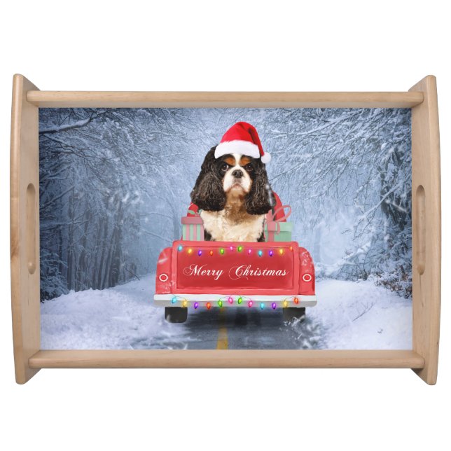 Cavalier King  in Snow sitting in Christmas Truck  Serving Tray (Front)